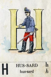 Bokstaven H som hussard. Militärt alfabet. Avbildning av Epinal, cirka 1870-1880. Stencilfärgade träsnitt