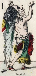 Bokstav I: Lyser upp. Gravyr i "" Comic Alphabet "". Ny Epinal avbildning. Litografi Pinot et Sagaire, redaktörer, mellan 1860 och 1888. Plåt nr 491 med 25 upplysta bokstäver. Mått: 40,5x28cm. Privat samling