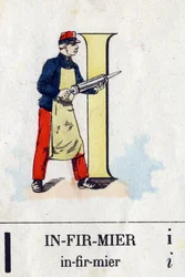 Bokstav I som sjuksköterska. Militärt alfabet. Avbildning av Epinal, cirka 1870-1880. Stencilfärgade träsnitt
