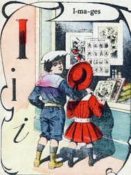 Bokstav I: bilder. Gravyr i "ABC des joux pour petits boys". Avbildning av Pont-a-Mousson, Louis Vagne, tryckare-förlag, sent 1800-tal. Mått: 32,5x25 cm