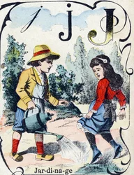 Bokstav J: Trädgårdsskötsel. Gravyr i "ABC des joux pour petits boys". Avbildning av Pont-a-Mousson, Louis Vagne, tryckare-förlag, sent 1800-tal. Mått: 32,5x25 cm