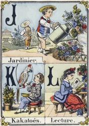 Bokstaven J, K och L: trädgårdsmästare, kakatoes och läsning. Rekreativt alfabet. Epinal avbildning. Stencilerade trästick, ca 1880. Litet 16-sidigt häfte