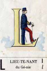 Bokstaven L som löjtnant. Militärt alfabet. Avbildning av Epinal, cirka 1870-1880. Stencilfärgade träsnitt