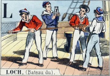 Bokstaven L som loch . Marinblå alfabet. Epinal bild, sent 1800-tal. Stencilfärgad trägravyr