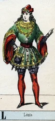 Bokstaven L som Louis. Abecedariet från Teatermuseet. Avbildning av Epinal, ca 1830. Mått: 37,7x47,5cm. Trästick, stencilerad med förgyllning. Privat samling.