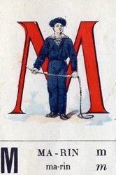 Bokstaven M som Marin. Militärt alfabet. Avbildning av Epinal, cirka 1870-1880. Stencilfärgade träsnitt
