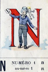 Bokstaven N som nummer 1. Militärt alfabet . Avbildning av Epinal, cirka 1870-1880. Stencilfärgade träsnitt