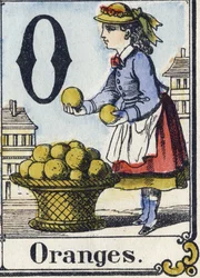 Bokstaven O: Apelsiner. Rekreativt alfabet. Epinal avbildning. Stencilerade trästick, ca 1880. Litet häfte på 16 sidor