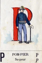 Bokstaven P som brandman. Militärt alfabet. Avbildning av Epinal, cirka 1870-1880. Stencilfärgade träsnitt