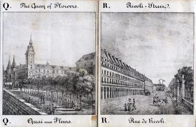 Bokstäverna Q och A: Blomsterdockan och Rivoli-gatan - "Alphabet Picturesque des Monumens de Paris" ca 1840 (gravyr)