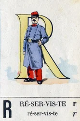 Bokstaven R som reservist. Militärt alfabet. Avbildning av Epinal, cirka 1870-1880. Stencilfärgade träsnitt