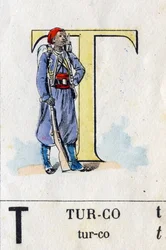 Bokstaven T som turco. Militärt alfabet. Avbildning av Epinal, cirka 1870-1880. Stencilerad trägravyr