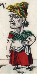 Bokstaven V: Virago (genom förnedring, flicka eller kvinna av stor storlek, som har en mans seder). Gravyr i "" Comic Alphabet "". Ny Epinal avbildning. Litografi Pinot et Sagaire, redaktörer, mellan 1860 och 1888. Plåt nr 491 med 25 upplysta bokstäver. Dä