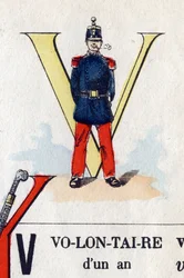 Bokstav V som volontär. Militärt alfabet. Avbildning av Epinal, cirka 1870-1880. Stencilfärgade träsnitt