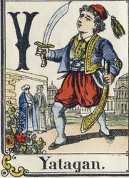 Bokstaven Y: Yatagan. Rekreativt alfabet. Epinal avbildning. Stencilerade trästick, ca 1880. Litet häfte på 16 sidor