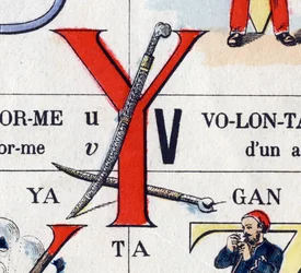Bokstaven Y som yatagan. Militärt alfabet. Avbildning av Epinal, cirka 1870-1880. Stencilfärgade träsnitt