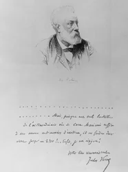 Brev från Jules Verne med porträtt av författaren (1828-1905).
