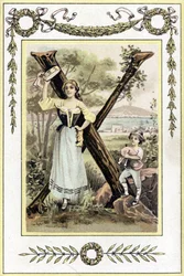 Brev som föreställer en mor med en pauk och hennes son i en herde med en säckpipa, sent 1800-tal (kromolitografi)
