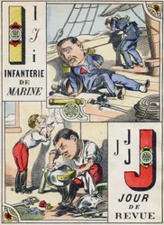 Bokstäverna I och J: Marinens infanteri- och granskningsdag. Gravyr i "Comic Military Alphabet". Femte serien. Epinal avbildning. Pellerin och Cie, Printers, Epinal, sent 1800-tal. 16 sidor. Mått: 25x18,5cm