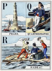 Bokstäverna P som fyr, bokstaven Q som Quartier Maitre, bokstaven R som flotte. Navy abecedary på 16 sidor innehållande ett alfabet med versaler. Epinal bild, sent 1800-tal. Stencilerade trägravyrer Mått: 21x14,5cm