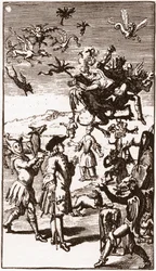 Demonernas frammaning, gravyr från 1710 i "Berättelsen om Monsieur Oufles extravaganta fantasi" av Laurent Bordelon (1653-1730)