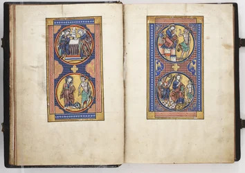 Lewis Psalter ff.8v-9r, Presentation in the Temple, and the Three Temptations of Christ, c.1225-40 (tempera & guld på veläng)