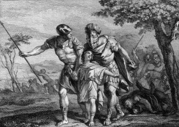 Befrielse av Childebert II (570-596), kung av Austrasien, 575: son till Childebert I och Brunehilde (Brunehaut), han hade förts bort av sin farbror, Chilperic 1er, vid sin fars död. Gravyr av 1700-talet.