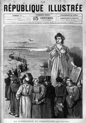 Befrielse av territoriet: Franska republiken utvisar otillåtna religiösa församlingar från franskt territorium efter dekreten från mars 1880 som fattats av Jules Ferry och berövar dem rätten att undervisa. En tidning. Gravyr från 1880 i ”La re