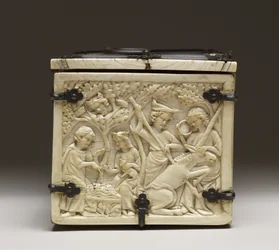 Lock på en kista föreställande "Kärlekens slott och riddarspel", ca 1330-50