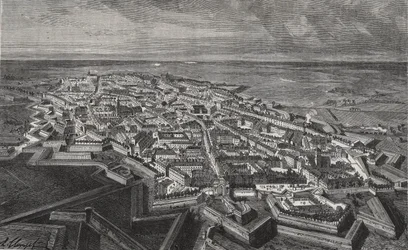 Lille stad i norra Frankrike - gravering i "La France illustree: geographie, histoire, administration statistique" av V.A. Malt-brunt. 1884