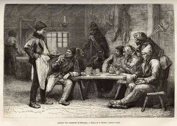 Interiören av ett woodcheron-läger i Ontario, gravyr efter en teckning av D. Maillard, illustrerande utflykten till Kanada och till Northern Red River, av H. De Lamotte, 1873, publicerad i "" Le world tour""" 1875 , redigerad av Edouard