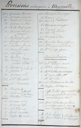 Förteckning över proviant som togs ombord i Marseille och recept mot skörbjugg i "Resa runt världen på Solide under kapten Marchand" (en loggbok). 1791-1792. Nationalarkivet i Paris.