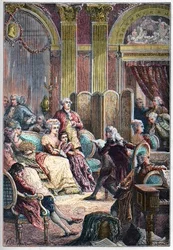 Litterary Salon - Läsning av "" Paul and Virginie"" av Jacques-Henri Bernardin från Saint-Pierre (Saint Pierre) i Madame Neckers salonger i Paris - tillsammans med Mme Necker hennes man Jacques Necker och hennes dotter Germaine, senare Mme de Stael - Förel