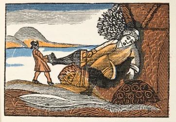 Little Thumb from Histories or Tales of Past Times berättad av Mother Goose, With Morals, av M Perrault, pub. 1925 (handfärgat träblockstryck)