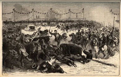 Boskapsmärkning - La ferrade en Camargue (fest som anordnades under marquarge au fer rouge du cattle) - gravyr i "" PATRIE"" - PECTUREQUIREQUE BESKRIVNING AV FRANKRIKE I 6 BÅNDER AV LUCIEN HUARD - sent 1800-tal