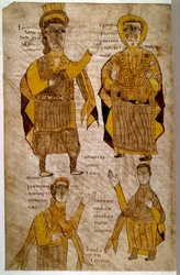 Lodhanri kung av Alamanerna (eller Alemanerna: germansk stam) omger en eveque, en hertig och en greve. Manuskript ""Breviary of Alaric and other legal texts"" (folio 197v), Frankrike, Vallee de la Loire (?), 803-814. Paris, B N