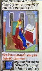 Lomnon, från Histoire des Philosophes, sent 1400-tal (vellum)