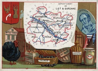 Lot och Garonne (Lot-et-Garonne, 47), Aquitaine, Frankrike. Tobaksfabrik, kalkonuppfödning, vin, korkar, plommon, konjak, bensin. Porträtt av Bernard Germain Etienne de Laville-sur-Illon, greve av Lacepede (eller de la Cepede