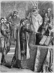 Lotharia II (825-869) gav ed om evangeliet inför påven Adrien II (792-872) i Rom 869. Gravyr i "Histoire des Papes-Rois-Queen and Empereurs a travers les centuries"" av Maurice Lachatre