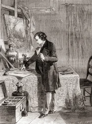 Louis-Jacques-Mandé Daguerre uppfinner den fotografiska processen daguerreotyp på 1800-talet, från Les Merveilles de la Science, publicerad ca 1870 (gravyr)
