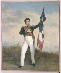 Louis-Philippe (1773-1850) bär den trefärgade flaggan på barrikaderna under revolutionen 1830
