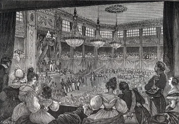 Louis-Philippe I svurs in som kung inför deputeradekammaren, 9 augusti 1830 - Revolutionen 1830: "" Kung Louis Philippe I (1773-1850) svor att behålla 1830 års stadga i närvaro av kamrarna som återförenades i provisoriska salen i Pa
