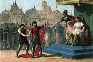 Louis 1er dit Le Debonnaire (814-840) förnedrades och fråntogs av sina söner sina imperialister. Kromolitografi omkring 1890.
