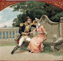 Louis Alexandre (Louis-Alexandre) Berthier (1753-1815), prins av Wagram, med Madame Visconti, hans älskarinna, på Chateau de Grosbois. Kromolitografi från slutet av 1800-talet
