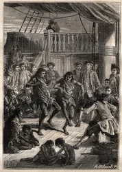 Louis Antoine, greve av Bougainville (1729-1811) tog emot invånarna i Bay Fortescue (Detroit of Magellan) i sin båt "" La Boudeuse""" 1768 - illustration från "The Great Mariners of the 18th century"