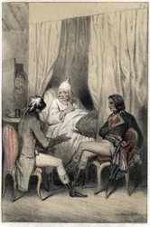 Louis Antoine Fauvelet de Bourienne (1769-1834), fransk diplomat och administratör, och general Napoleon Bonaparte (1769-1821) bad en sjuk gammal kapitalist om pengar till den italienska kampanjen. Tallrik hämtad från "" Scenes de la vie des hommes berömda