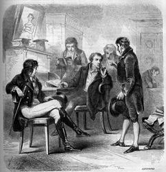 Louis Benoit (Louis-Benoit) Picard (1769-1828), en fransk författare och komiker, representerad i sin studio. Gravyr från 1858.