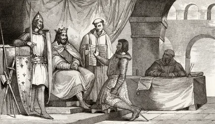 Ludvig II (848-79), Stammerer, tar emot en trohetsed från en adelsman, ur "Histoire de France" av Colart, publicerad omkring 1840.