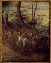 Ludvig II av Bourbon, Prins av Conde (Bourbon-Conde) (Grand Conde) (1621-1686) eller hertig av Enghien, belägrade en stad Målning av den franska skolan på 1600-talet. Sön 0,73x0,58 m