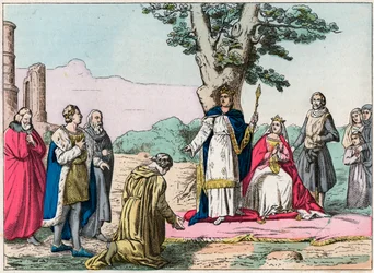 Louis IX, dit "Saint-Louis"" (1214-1270) ger rättvisa åt alla sina undersåtar i Bois de Vincennes - Saint Louis (1214-1270) ger rättvisa - Gravyr från slutet av 1800-talet i "Nos Gires Nationales - Bilder och reciter""